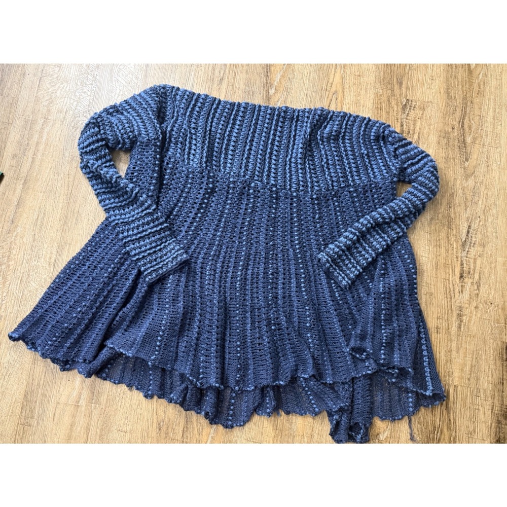 Lauren Ralph Lauren Denim Blue Open Knit Cotton Linen Cardigan Sweater L/XL